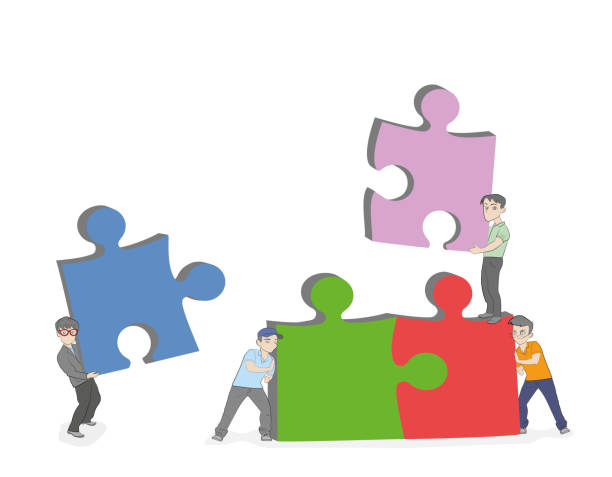 little people collect construction of a puzzle. Business team solution in partnership concept. vector illustration.